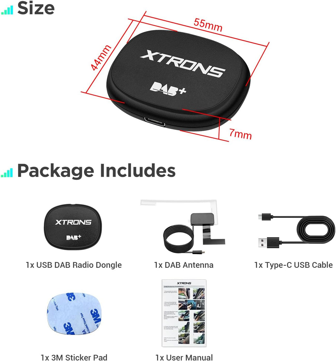 XTRONS Ultraleichter DAB+ Digitalradio-USB-Dongle für Android-Autoradio, unterstützt grosse Programm