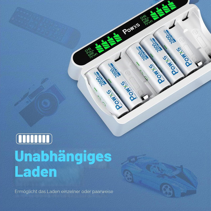 POWXS Batterie Ladegerät 8 Fach mit 8 AA Akkus, AA AAA Akkuladegeräte mit LCD Display, Hohe Kapazitä
