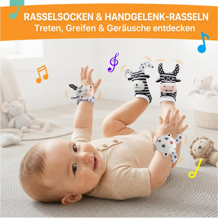JoyCat Babyspielzeug 0-6 Monate, 6 in 1 Sensorik Baby Spielzeug mit Kontrastkarten, Schwarz Weiss Ko