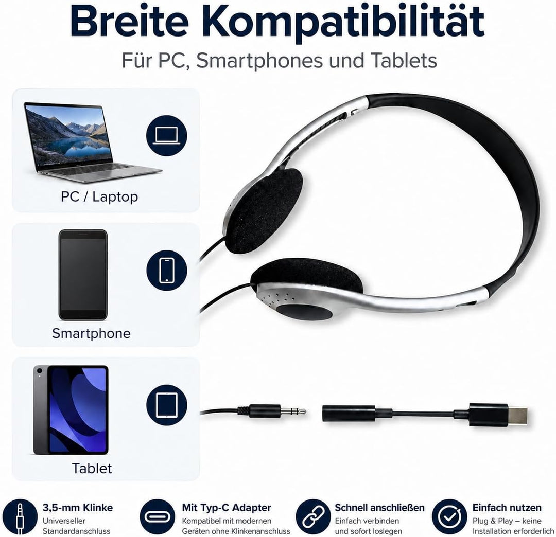 Stabile Retro Kopfhörer, Kabelgebunden, Silber Vintage Design, Kompatibel mit PC, Smartphones und Ta