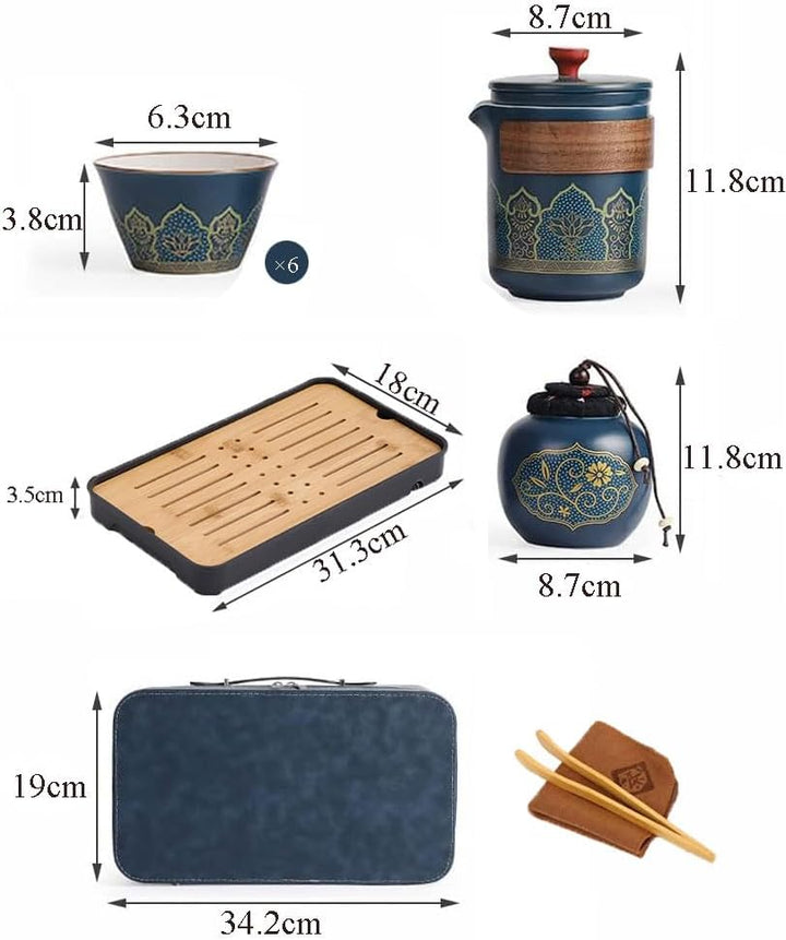 Teeservice aus Porzellan, Chinesischer Reise Tee Set mit 6 Keramik Tassen, Klein Teekanne mit Eingeb
