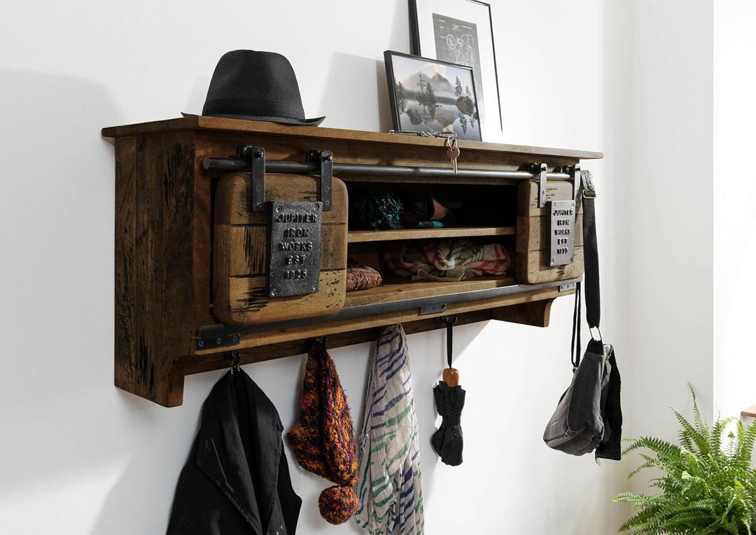 MASSIVMOEBEL24.DE | Railway- Massive Wandgarderobe | braun geölt | aus Mangoholz | offen mit Schiebe