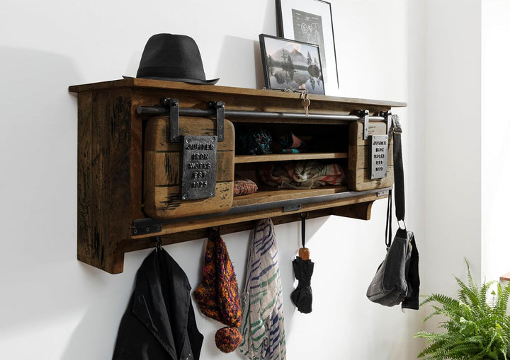 MASSIVMOEBEL24.DE | Railway- Massive Wandgarderobe | braun geölt | aus Mangoholz | offen mit Schiebe