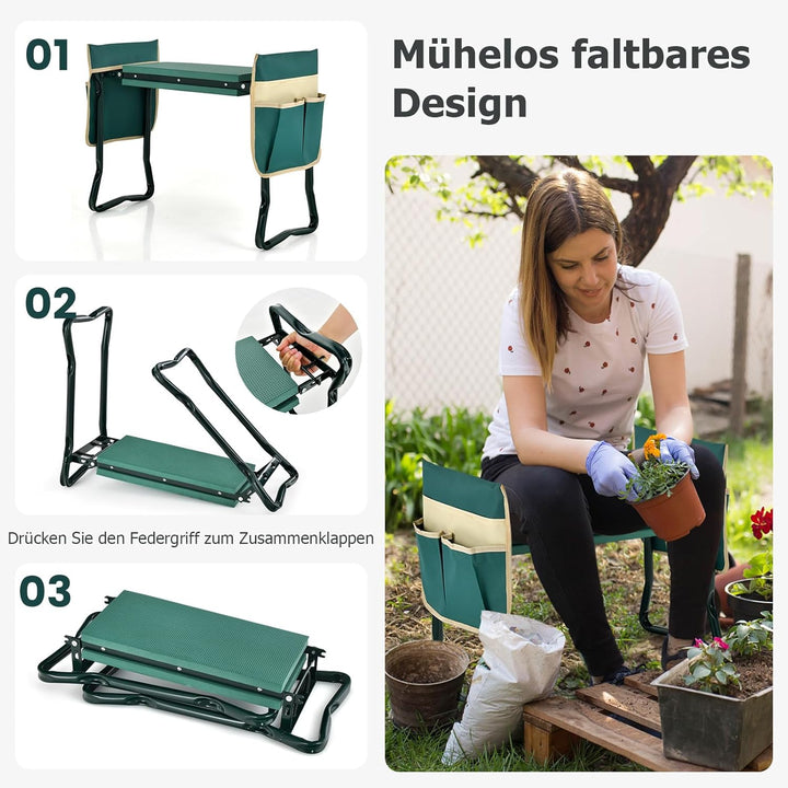 RELAX4LIFE 2-in-1 Kniebank klappbar, Kniehilfe mit 2 abnehmbaren Taschen &amp; Kniekissen EVA-Schaumstof