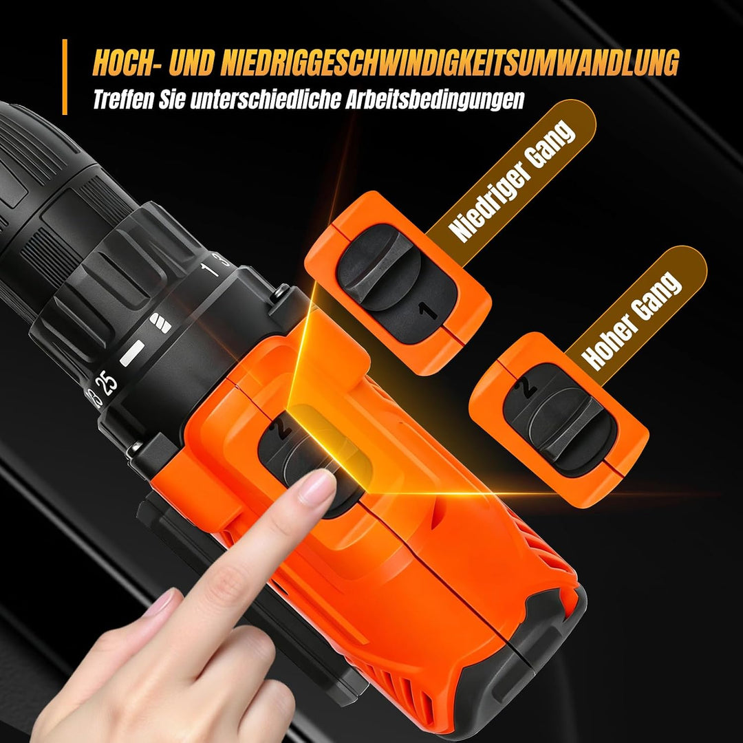 Akku-Bohrmaschine 21V Akkuschrauber Set mit 1.5 Ah Akku, Akku Bohrschrauber Set 25+1 Drehmomentstufe