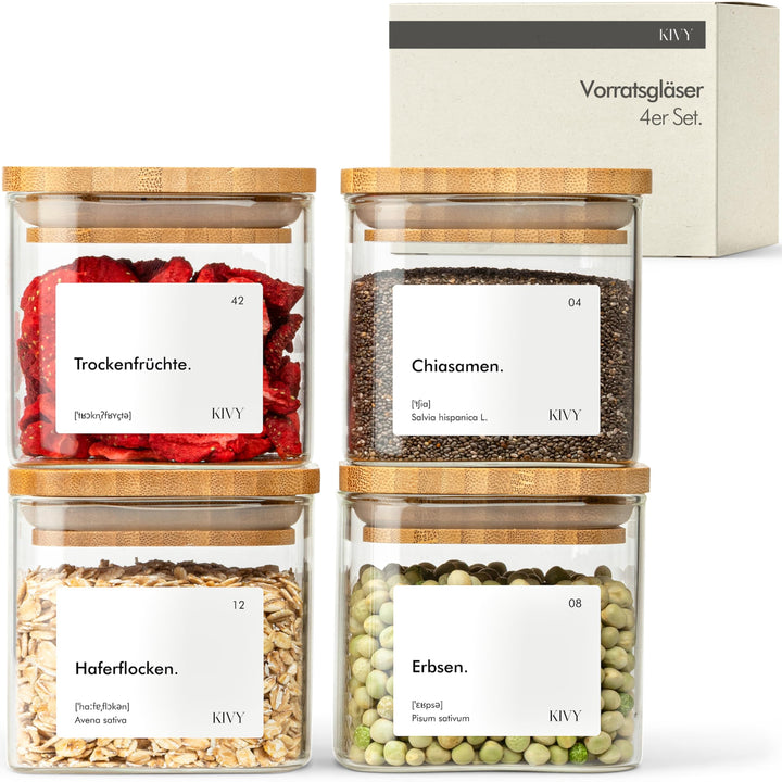 KIVY Vorratsgläser eckig [4x400ml] + Etiketten - Stapelbare & Luftdichte Aufbewahrungsgläser mit Dec