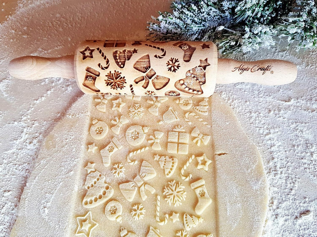 Kinder Nudelholz mit Muster Weihnachten Backen 3-er SET - Teigroller Holz für DIY Weihnachten Plätzc
