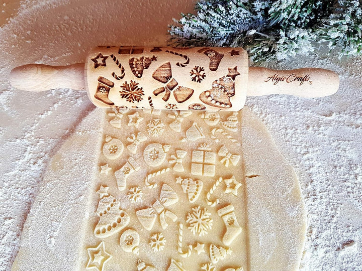 Kinder Nudelholz mit Muster Weihnachten Backen 3-er SET - Teigroller Holz für DIY Weihnachten Plätzc
