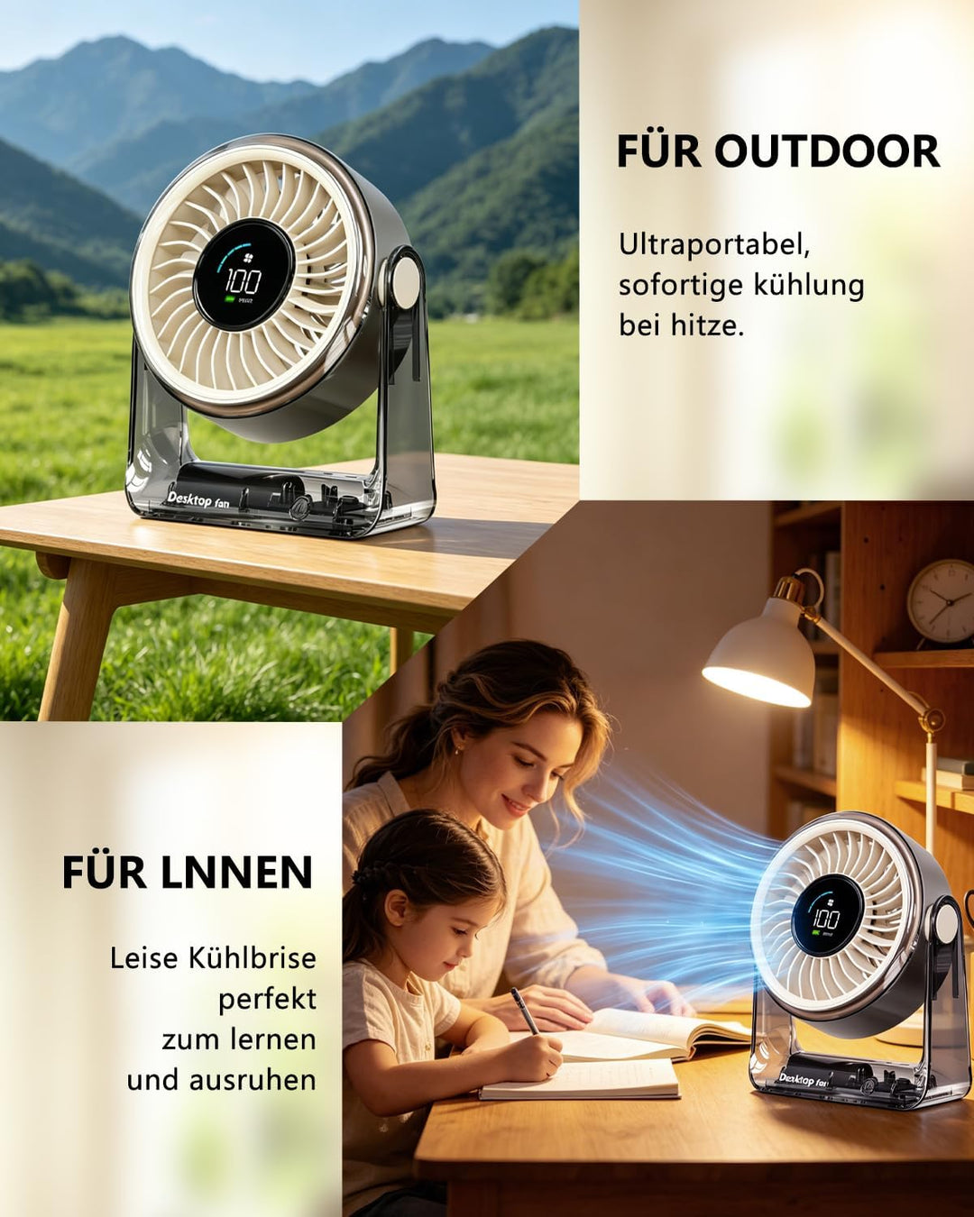 Tischventilator, USB Ventilator Akku, 6 Geschwindigkeiten Leise Ventilator mit LED Display, 360 ° Dr