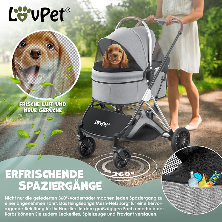 LOVPET® Hundewagen 3in1 Hundebuggy Hundebox Transporttasche 360° Grosse Räder Faltbar klappbar Haust