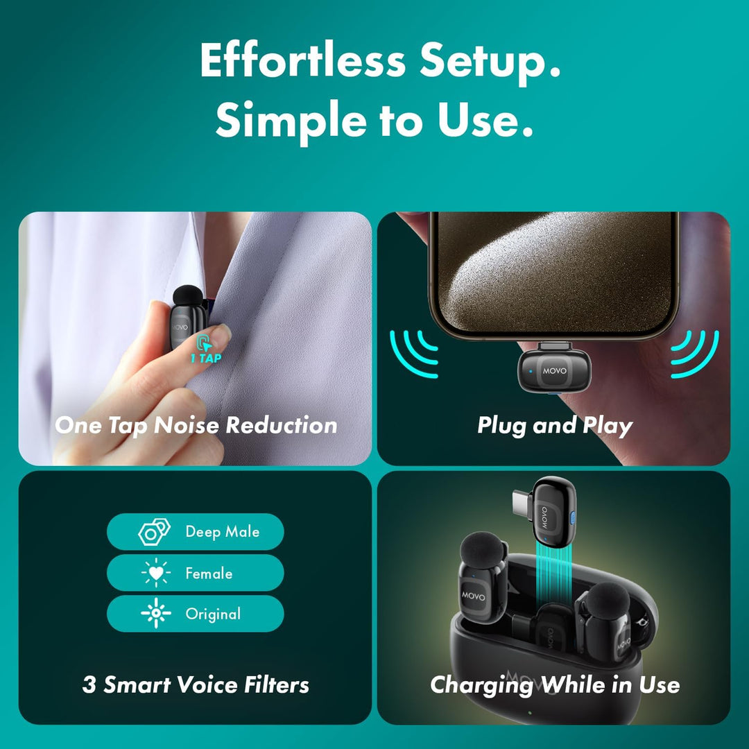 Movo NanoMic Dual USB-C Wireless Mikrofon für iPhone 15/16+, Android, iPad Pro & Laptops - ideal für