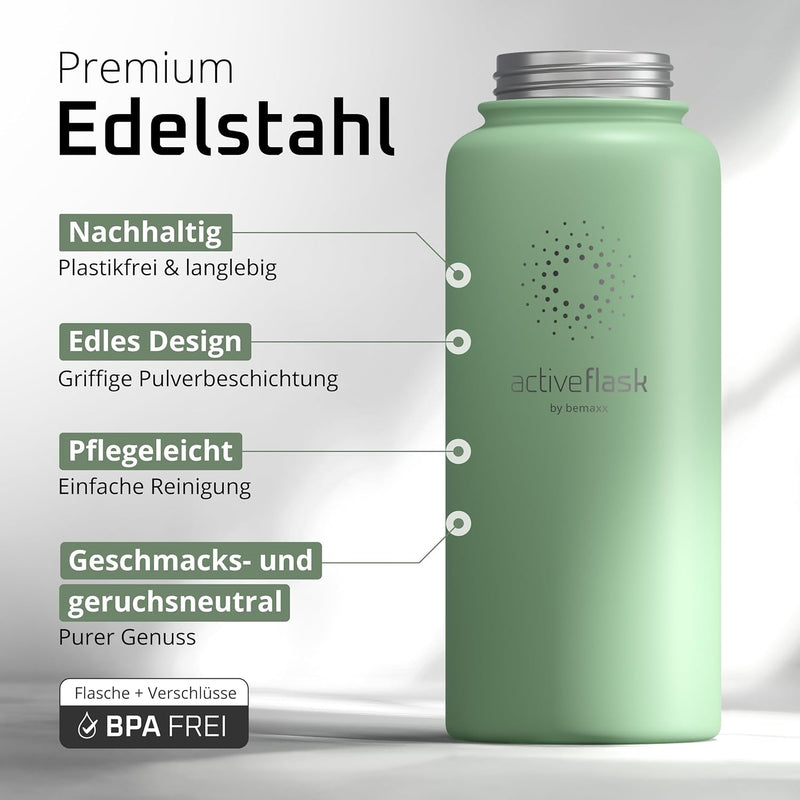 Trinkflasche Edelstahl ACTIVE FLASK + Strohhalm (3 Deckel) BPA-frei, Auslaufsicher, Kohlensäure geei