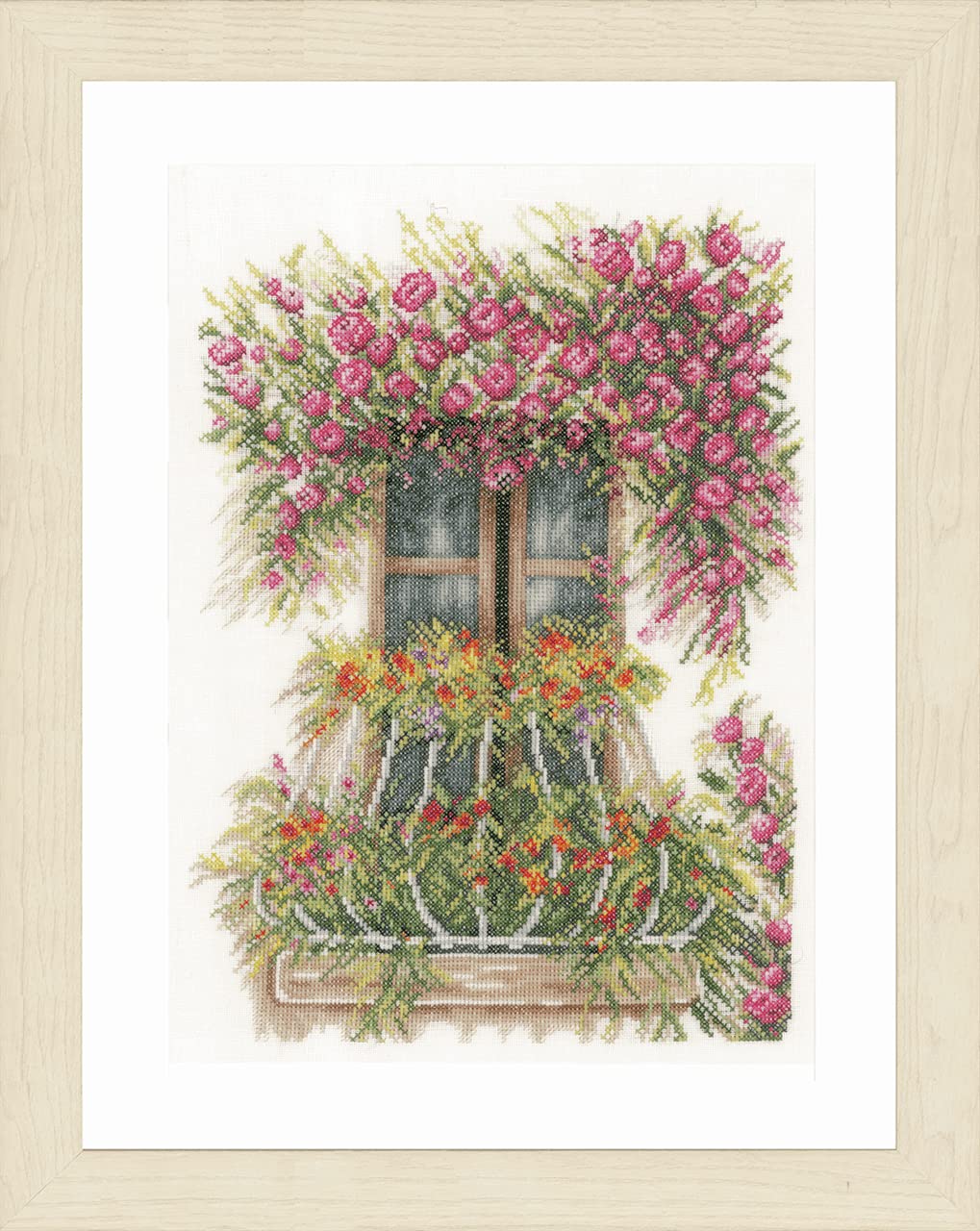 Lanarte Kreuzstichset Fenster geschmückt mit Blumen, Kreuzstichpackung mit Zählmuster, Baumwolle, Me