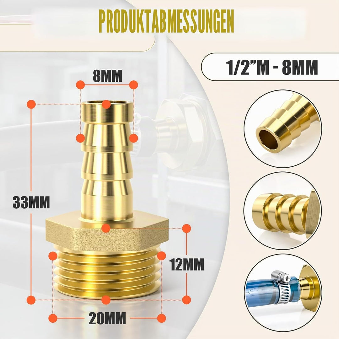 12 Stück Schlauchanschlussstücke, 1/2 Zoll BSP Stecker x 8 mm Schlauchanschluss mit 12 Stück Klemmen