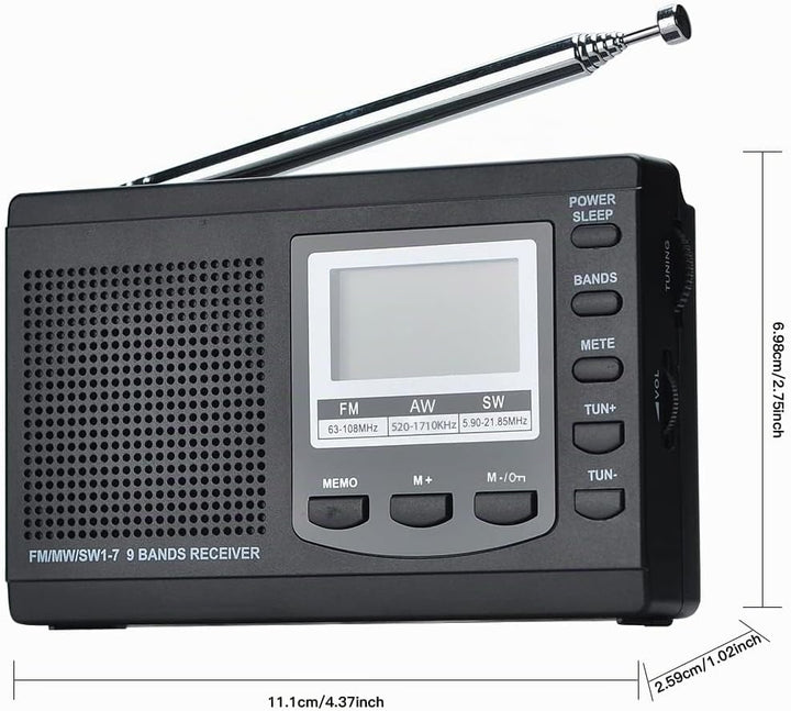 COVVY AM/FM / SW1-7 Tragbarer 9-Band-Radioempfänger mit Lautsprechern und Kopfhörern, ausgezeichnete