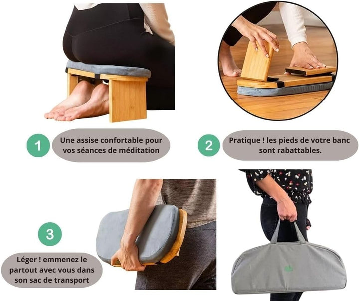 Meditationsbank, faltbar, Lotusgrau, mit Kissen und Tasche