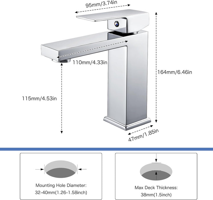 Wasserhahn Bad Waschtischarmatur Chrom, Bad Armatur Mischbatterie Wasserhahn Eckig mit Höhe 164mm, W