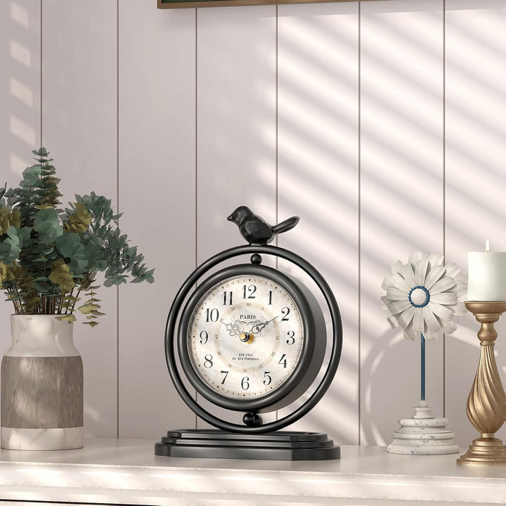 Schwarze Vintage-Tischuhr mit Vogel, europäischer Retro-Stil, Kaminuhr, Schreibtisch- und Regaldekor