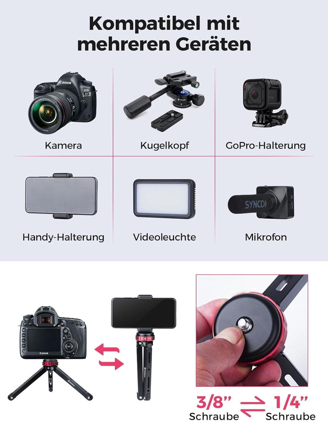 Mini Tripod Moman TR01 Small Stativ Tischstativ Klein Kamerastativ CNC Aluminium 1/4 3/8 Schraubbefe