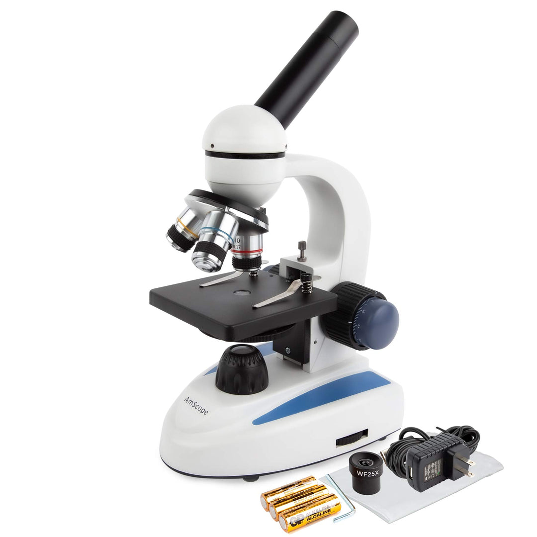 AmScope M158C Schnurloses LED-Studenten Mikroskop mit Metallrahmen, Glaslinsen und Grob- und Feinfok