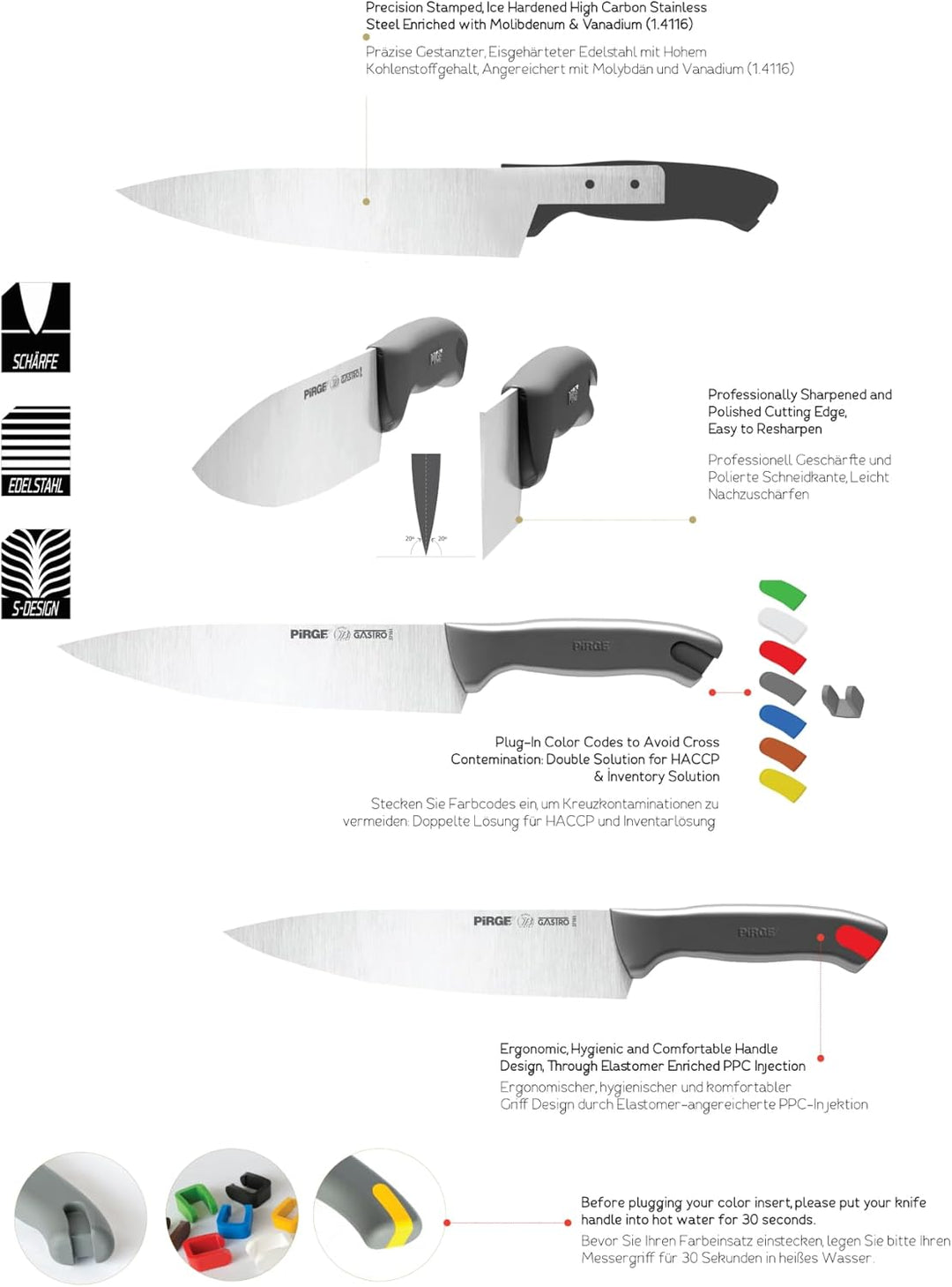 Pirge Gastro Profi Messerset mit Tasche 6 Stück - Griff mit Farbeinsatz - Profi Kochmesser Set - Ede