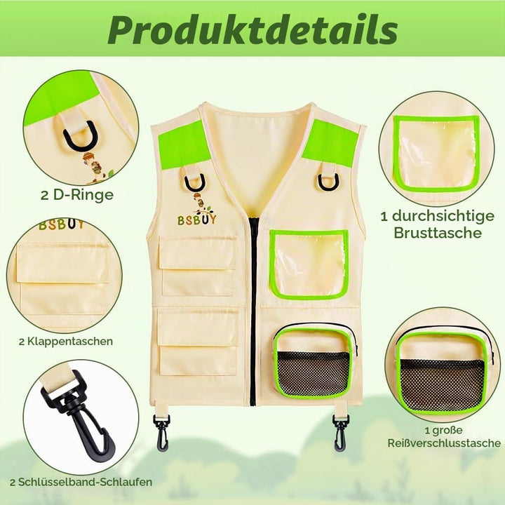 Forscherset für Kinder 4Pcs Exploration Spielzeug mit Frachtweste Hut Insektennetz und Lupe Outdoor
