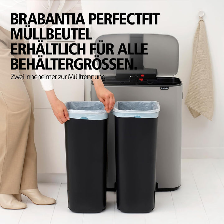 Brabantia Bo Tretmülleimer – 2 x 30 l Inneneimer (Soft Grey) Grosser Abfalleimer-/Recycling Behälter