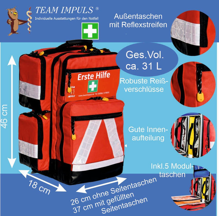 Team Impuls - Notfallrucksack - rot - Nylon - LEER - mit 4 Aussentaschen - Gr. L