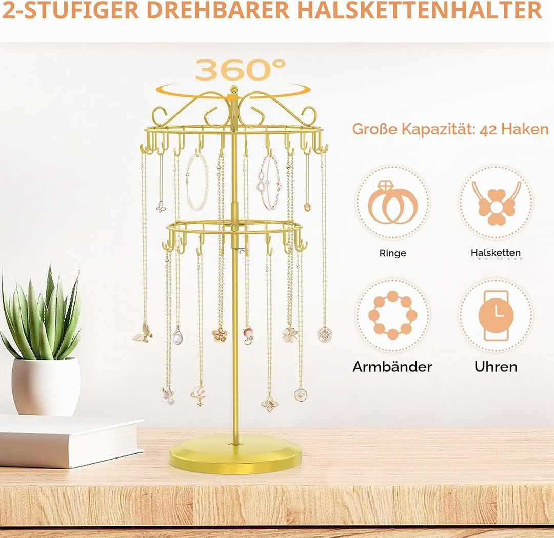 iDavosic.ly 2-Stufiger Kettenständer Schmuck Drehbar, 42-Haken Ketten Halsketten Aufbewahrung, Metal