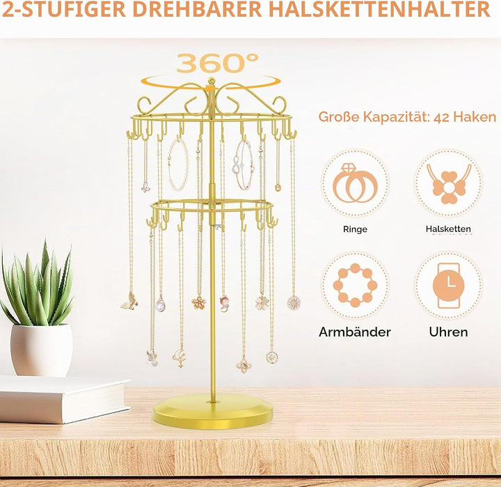 iDavosic.ly 2-Stufiger Kettenständer Schmuck Drehbar, 42-Haken Ketten Halsketten Aufbewahrung, Metal
