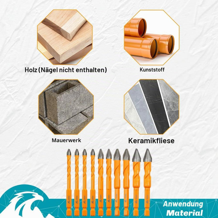 Hartmetall-Mauerbohrer 10er-Set - Präzisionsbohrer 4x6mm + 2x8mm + 2x10mm + 2x12mm für Beton, Fliese