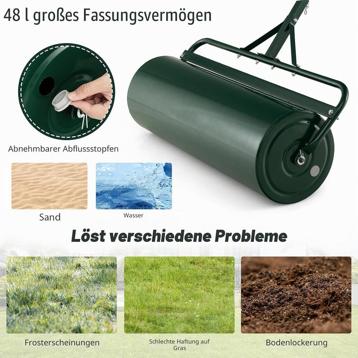 SOARS Rasenwalze befüllbar 48L, Ø32cm Handwalze, Rasenroller mit U-Griff &amp; abnehmbarem Ablassstopfen