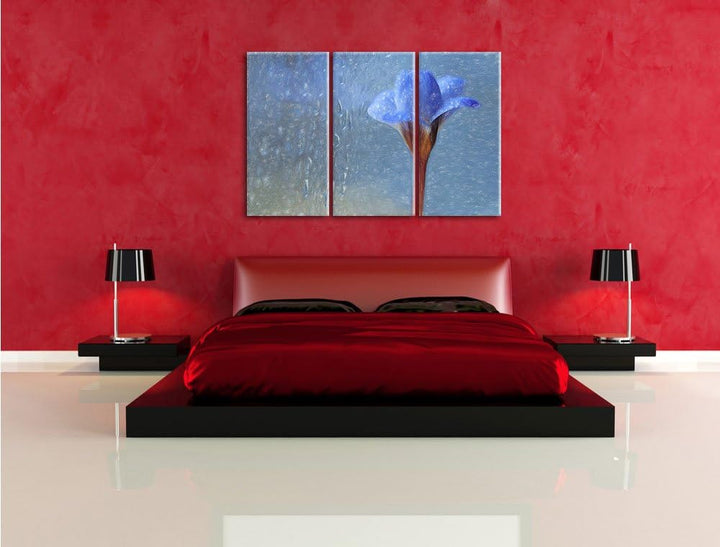 Pixxprint Blaue Frühlingsblume mit Tautropfen Kunst Buntstift Effekt 3-Teiler Leinwandbild 120x80 Bi