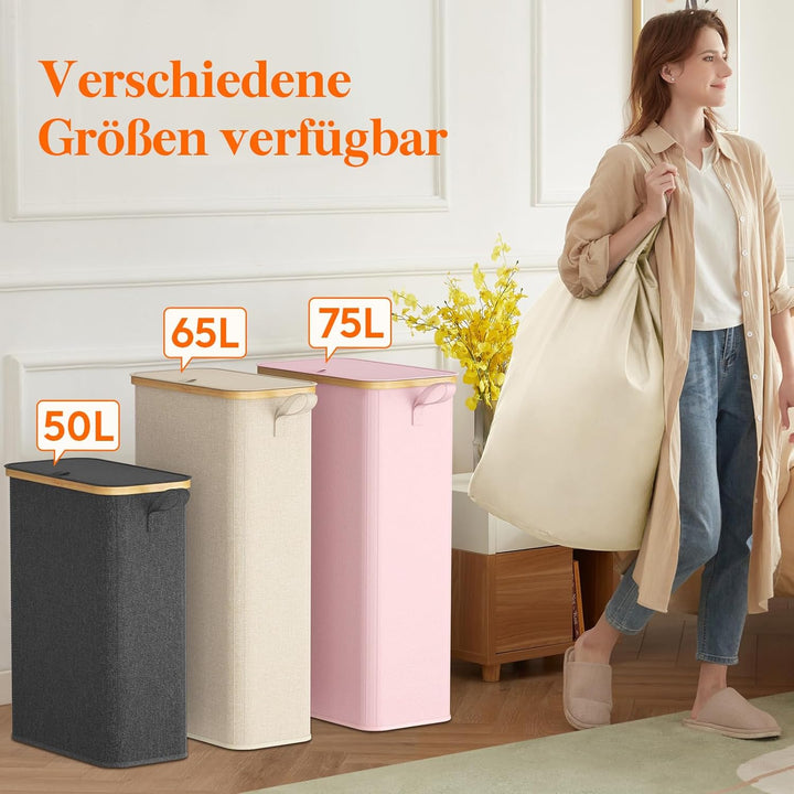 Lifewit 65L Wäschekorb Schmal mit Deckel, Faltbarer Wäschesammler Schmal mit Wäschesack, Laundry Bas