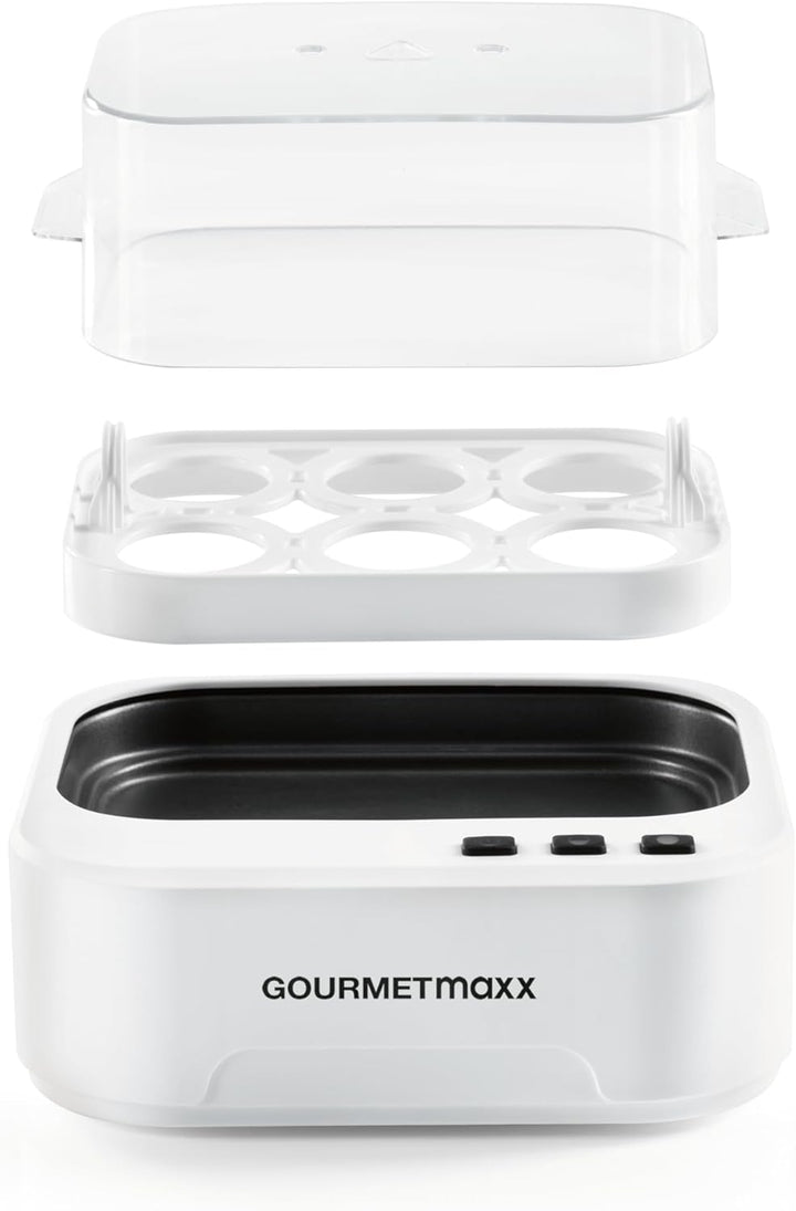 GOURMETmaxx Sprechender Eierkocher für 6 Eier | Design Egg Cooker mit Eierstecher, Messbecher & Spra