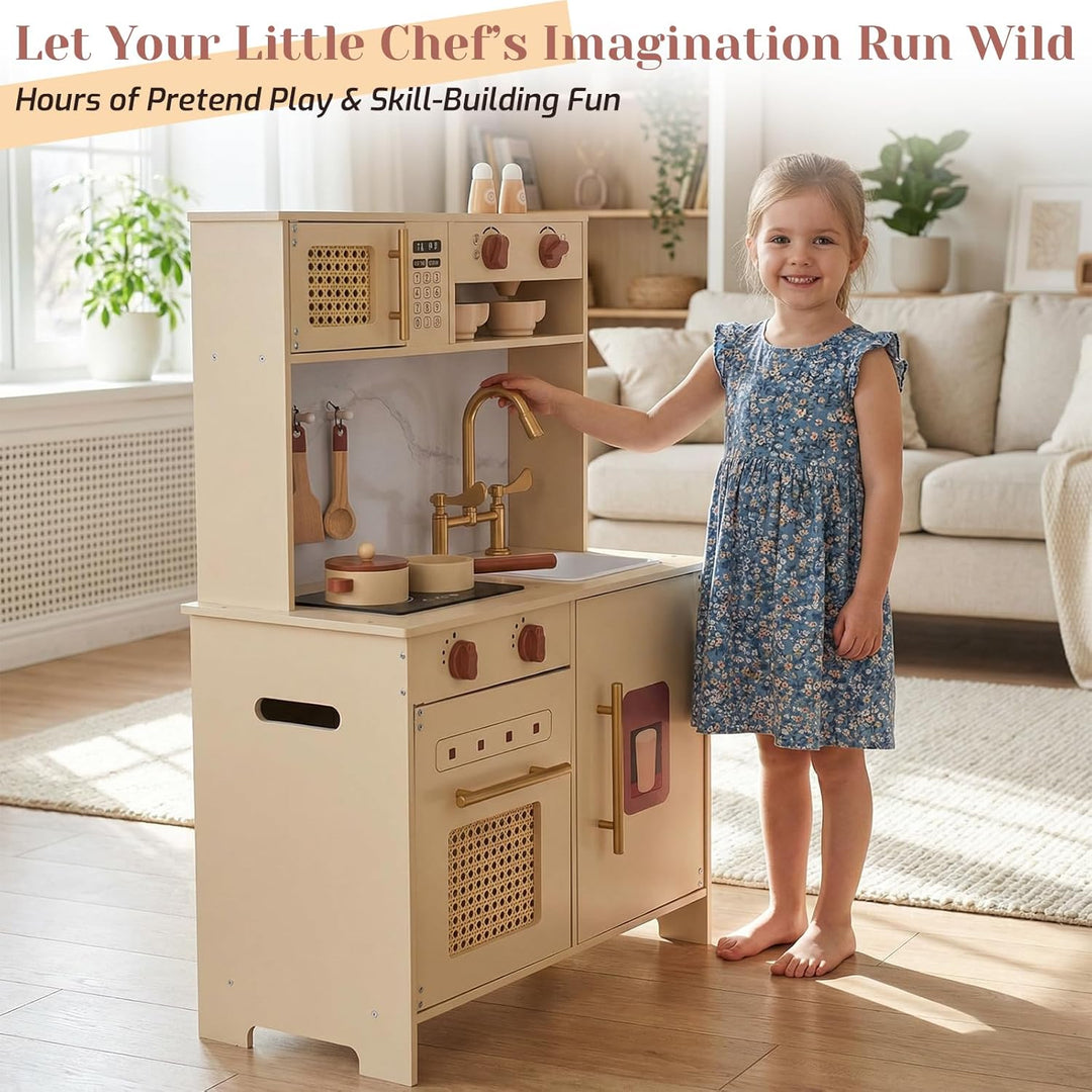WoodenFun Rosa Retro Kinderküche aus Holz Creme-Beige Spielküche mit Mikrowelle, Backofen, Spüle & Z