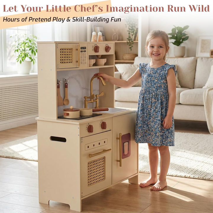 WoodenFun Rosa Retro Kinderküche aus Holz Creme-Beige Spielküche mit Mikrowelle, Backofen, Spüle & Z