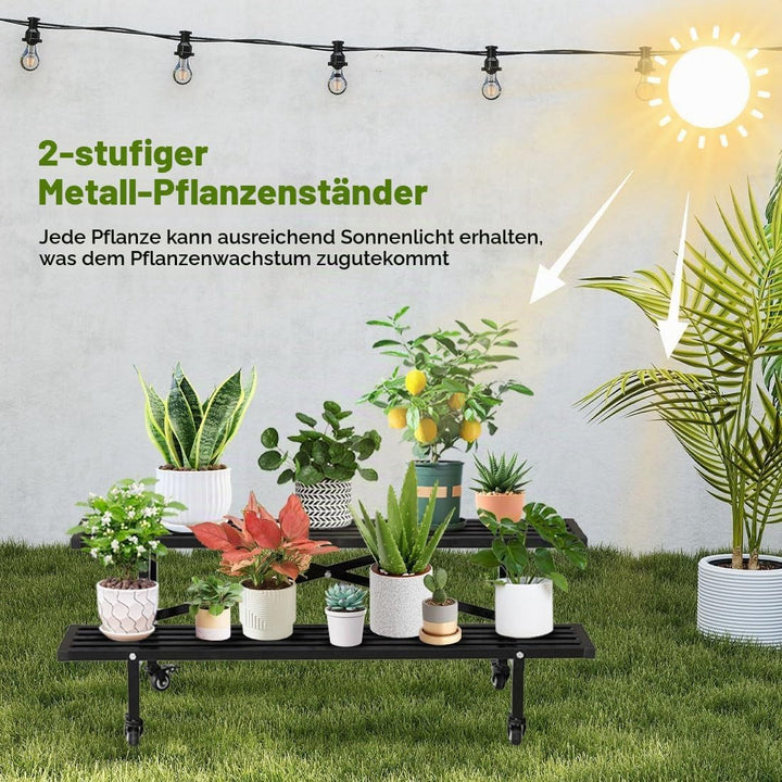 CStern Blumenregal mit Rollen,Metall Blumenständer,2 Etagen Blumentreppe,Schwarz Pflanzenregal,Pflan