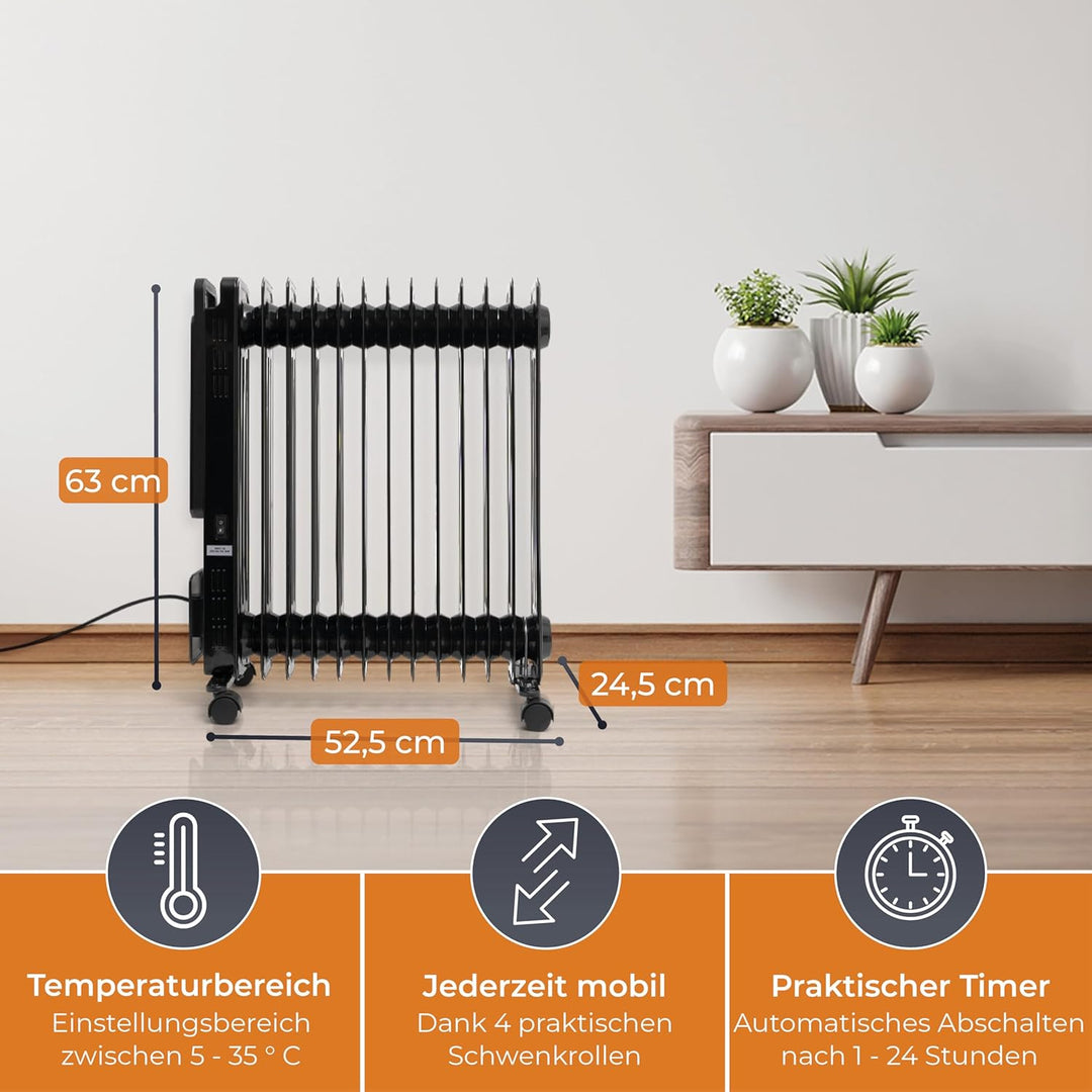 KLAMER Ölradiator 2500 W, Elektroheizung energiesparend, 13 Rippen, 3 Heizstufen mit Eco-Modus, 24h