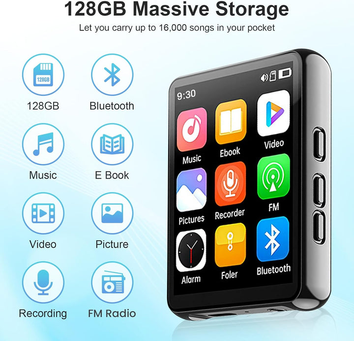128GB MP3 Player mit Bluetooth -Tragbarer Musikplayer mit Lautsprecher, MP3 & MP4 Player, 2.4" Full