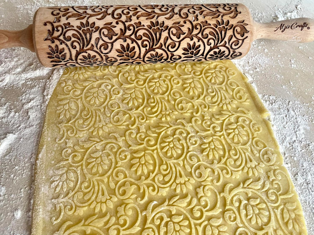 KLETTERBLUMEN Nudelholz. Teigroller mit Blumen für Hausgemachtes Gebäck und Keramik. Gravierte Nudel