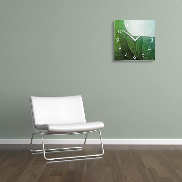 FLEXISTYLE Wanduhr küche Wohnzimmer 30 x 30 cm, aus Glas, mit Direktdruck eckig modern (GRÜNE BLÄTTE