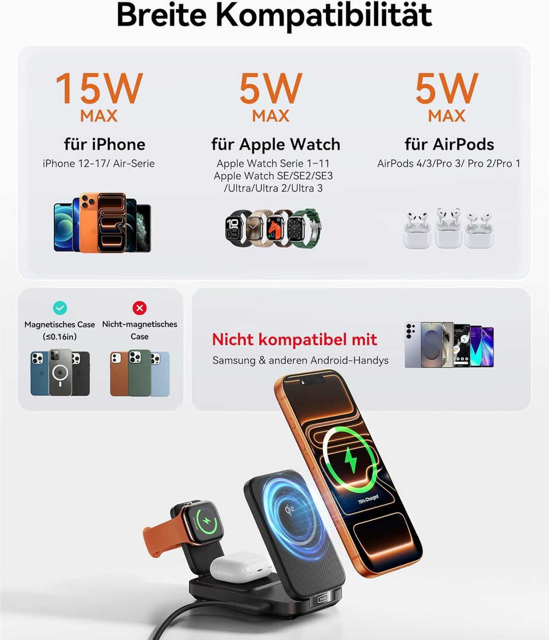 INIU Induktive iPhone Ladestation 3 in 1, 15W Qi2-Zertifiziertes Magnetisches Kabelloses Ladegerät F