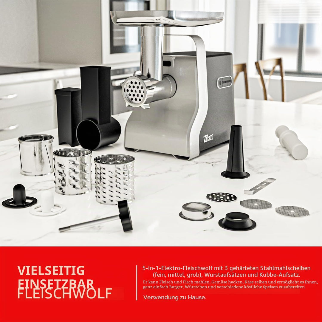 Fleischwolf 9in1 | 2100W | 3 Lochscheiben | Reverse-Funktion | Wurstaufsatz | Spritzgebäckaufsatz |