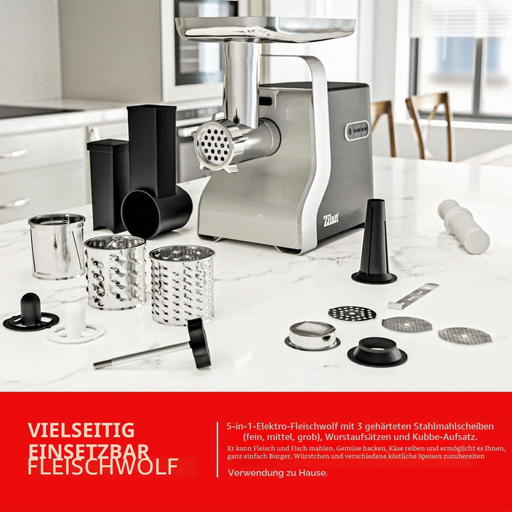 Fleischwolf 9in1 | 2100W | 3 Lochscheiben | Reverse-Funktion | Wurstaufsatz | Spritzgebäckaufsatz |