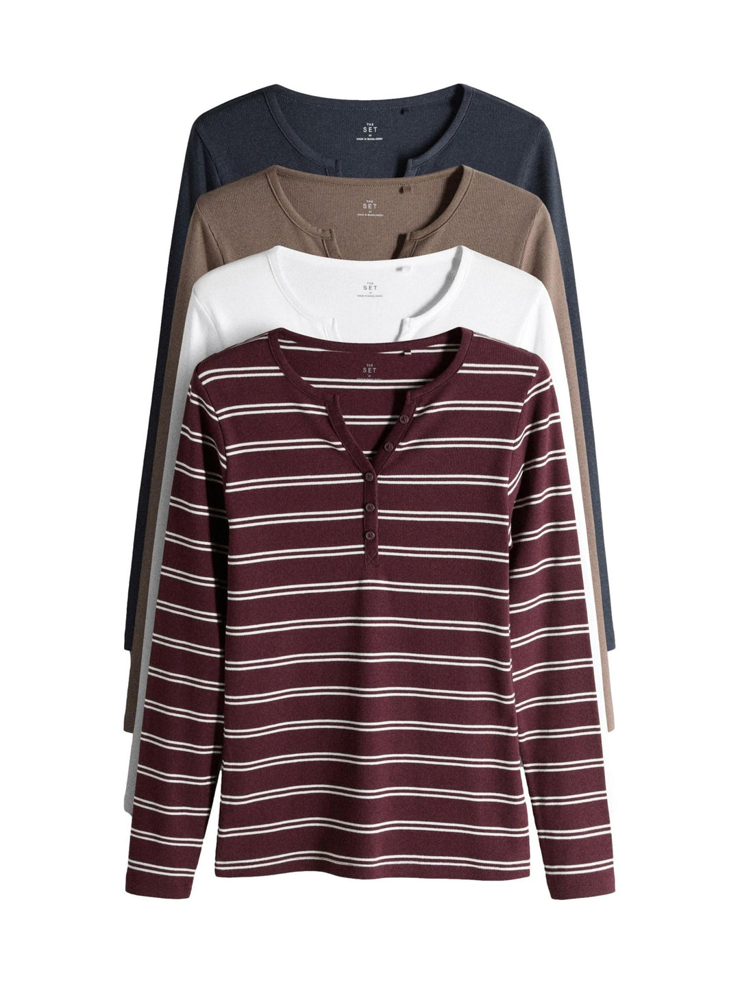 THE SET Damen t gerippte Henley-Langarmshirts, 4er-Pack XS Burgundy Red Stripe/Navy Blue/Brown/White