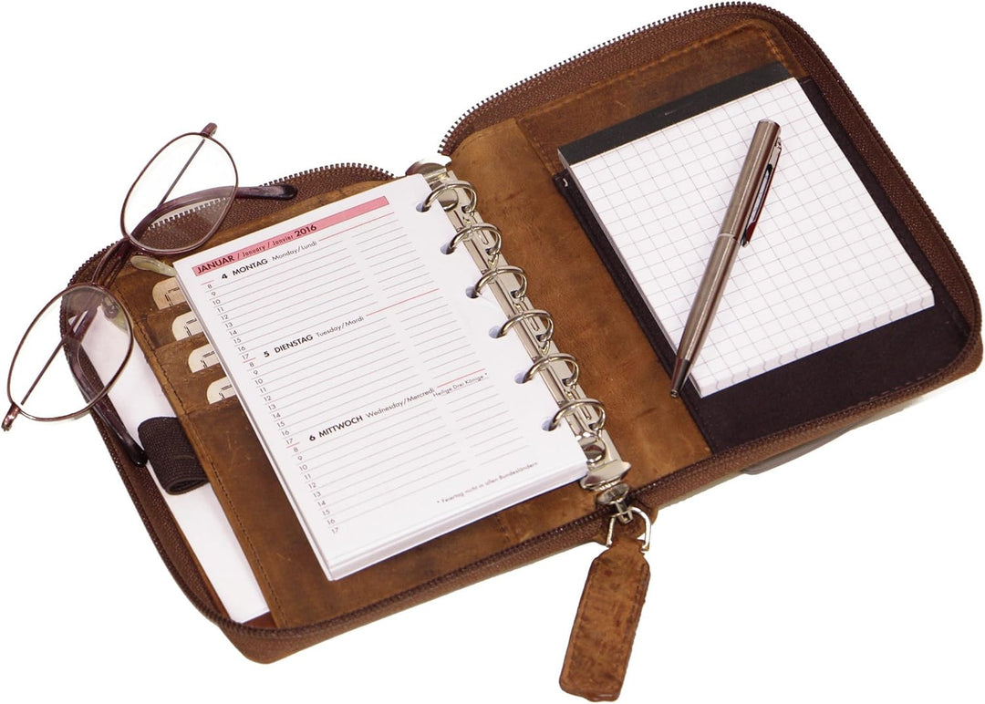 ALMADIH Leder A7 Organizer mit Reissverschluss Kalender 2024 Notizblock Premium Rindsleder Vintage G