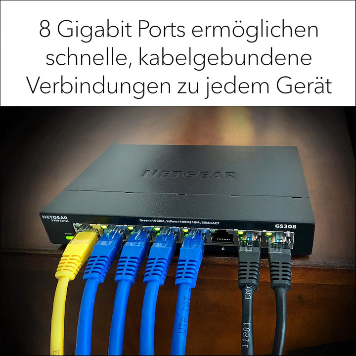 NETGEAR GS308 LAN Switch 8 Port Netzwerk Switch (Plug-and-Play Gigabit Switch LAN Splitter, LAN Vert