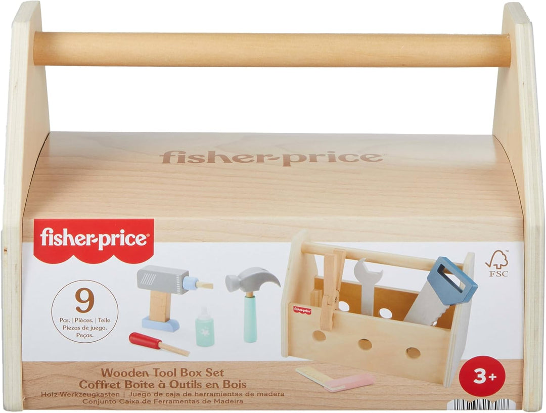Fisher-Price Holz-Werkzeugkasten, Rollenspiel-Spielset mit Spielzeugbohrer, 9 Spielteile aus Holz fü