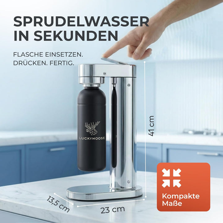 Luckymoose Infinity-S Wassersprudler aus hochwertigem Edelstahl (Silver/Black) – inkl. 2x 1,25L Edel